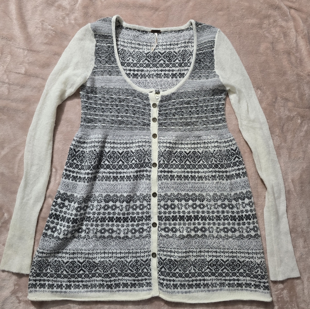 Free People Grey & Cream Nordic Fair Isle Merino Wool Angora Cardigan Small